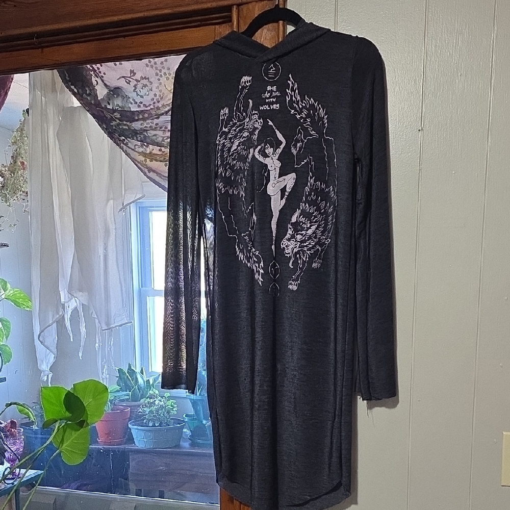 Vintage Toxic Vision Sheer Black Long Sleeve Dress with Wolf & Woman Design